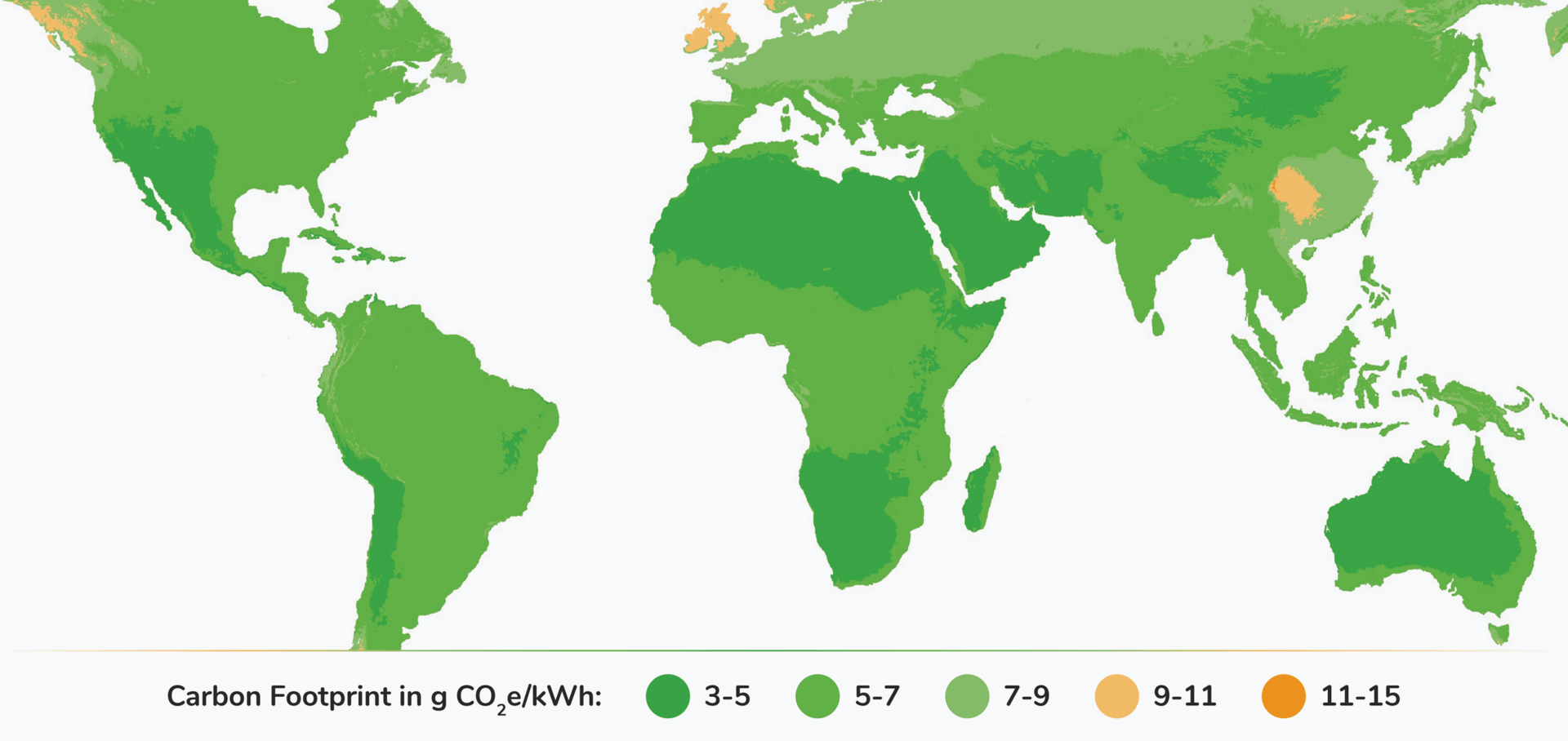 World map with carbon footprint in grams of CO2e per kilowatt hour