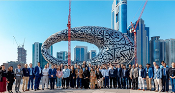 Crowd in front of buildings in Dubai